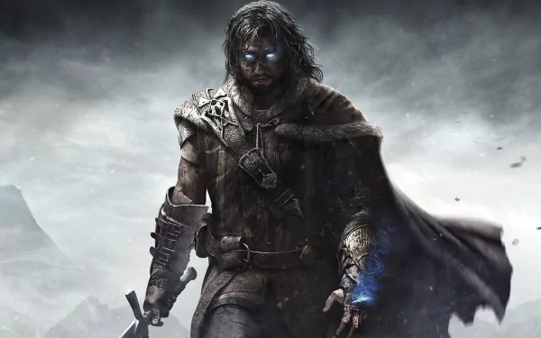 HD PC desktop wallpaper featuring a dark, armored character with glowing blue eyes and magical energy from the video game Middle-earth: Shadow of Mordor.