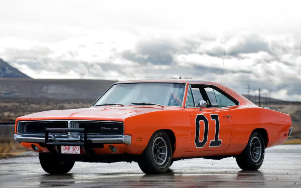 A vibrant orange vehicle, the General Lee, sits in a scenic landscape. This classic car features the number 01 and evokes a sense of nostalgia, making a striking desktop wallpaper.