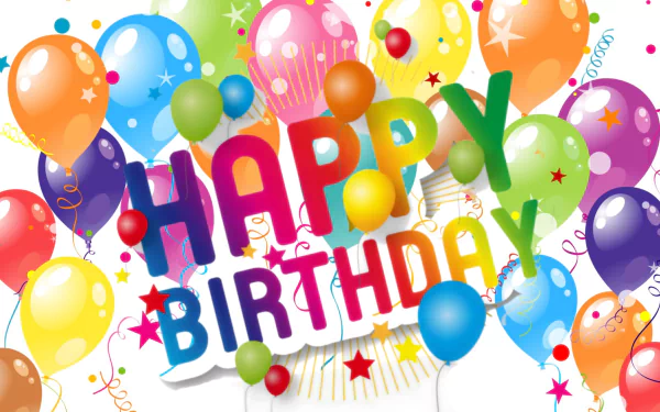 HD wallpaper featuring colorful balloons and confetti surrounding the text Happy Birthday, creating a festive holiday celebration atmosphere.