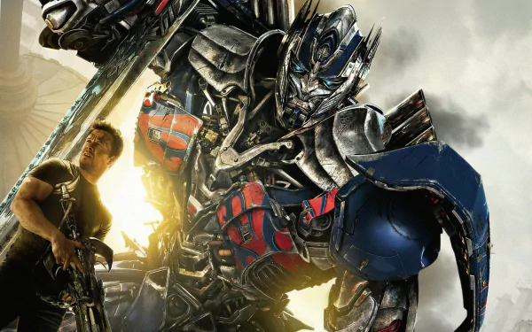Mark Wahlberg as Cade Yeager alongside Optimus Prime in a promotional HD wallpaper for the movie Transformers: Age of Extinction.