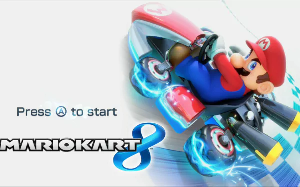 HD desktop wallpaper of Mario from Mario Kart 8, drifting in a race with Press A to start prompt.