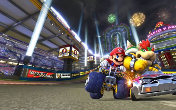 HD wallpaper of Mario Kart 8 featuring Mario and Bowser Jr. racing on a vibrant track.