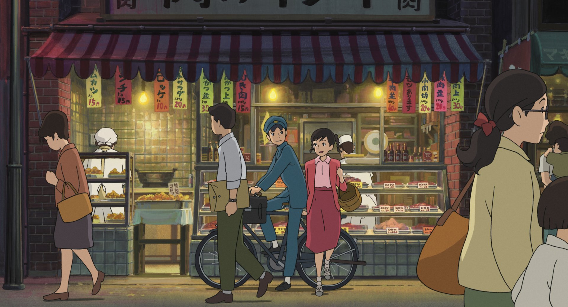 HD desktop wallpaper featuring characters from From Up On Poppy Hill walking by a cozy street food shop at night.