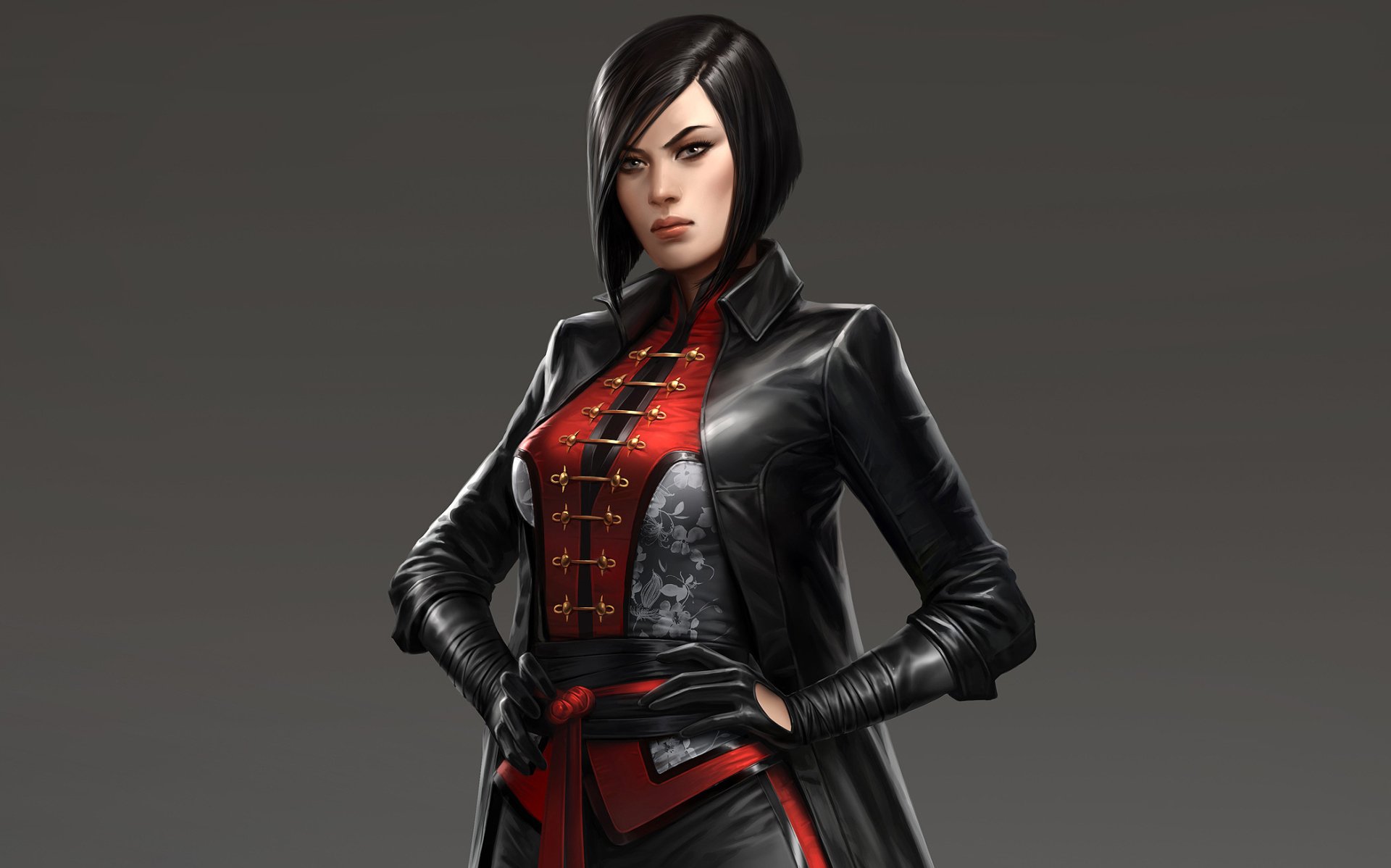 HD PC desktop wallpaper featuring a character from the video game Batman: Arkham Origins, dressed in a black coat with a red and black outfit against a gray background.
