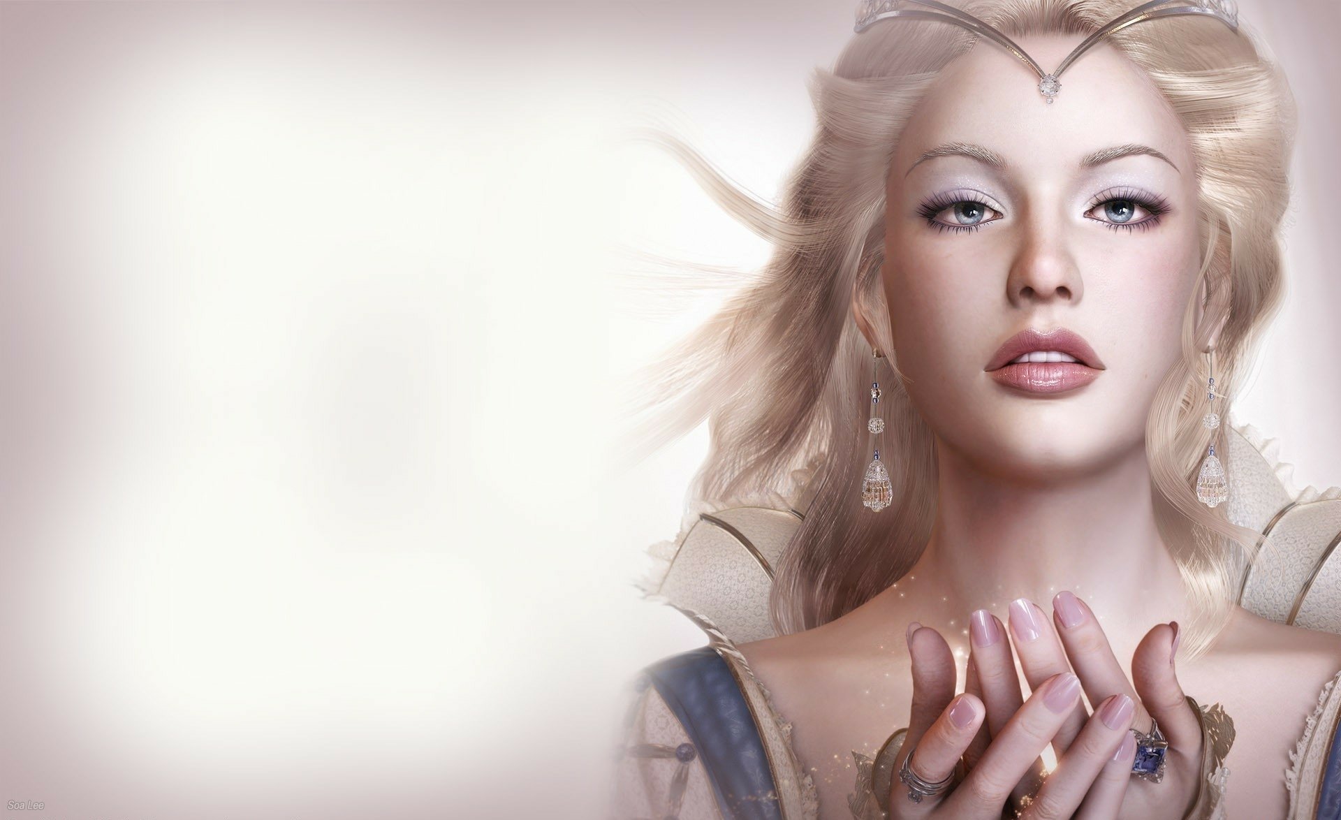 HD fantasy desktop wallpaper featuring a serene woman with flowing blonde hair, delicate jewelry, and a soft glowing background.