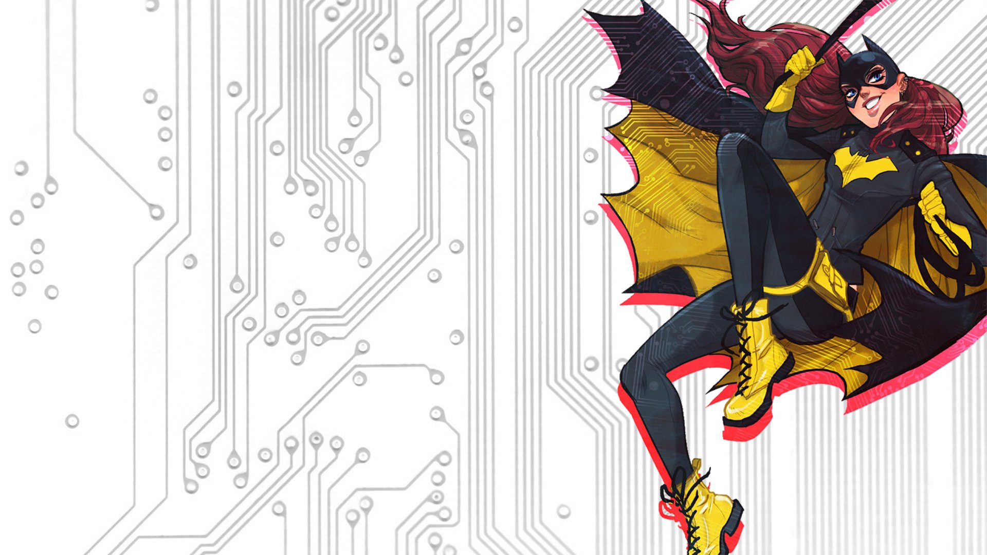 HD PC desktop wallpaper featuring comic-style Batgirl in dynamic pose with a tech-inspired white circuit background.