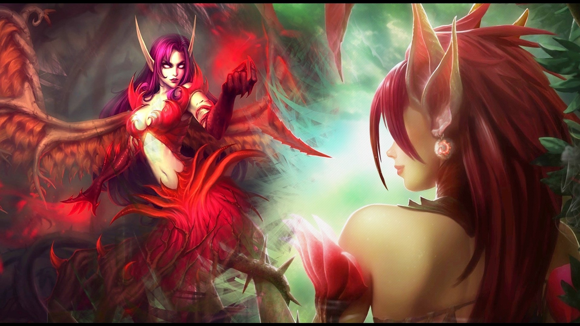 HD PC desktop wallpaper featuring Morgana and Zyra from the video game League of Legends in a vivid, fantasy-themed artwork.