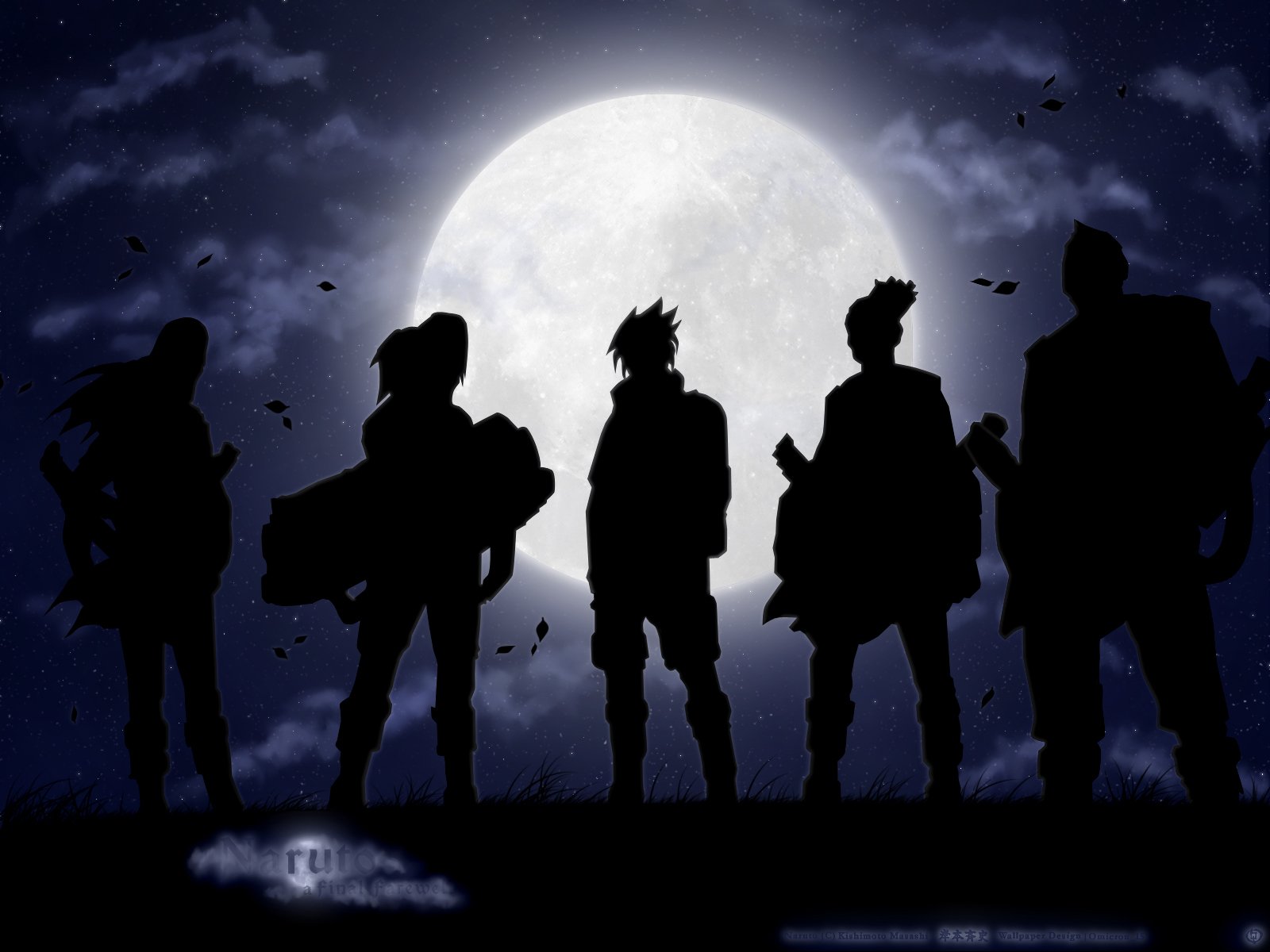 A silhouette of five characters, including Sasuke Uchiha, stands against a glowing full moon, capturing the essence of the Naruto anime in a striking HD wallpaper.