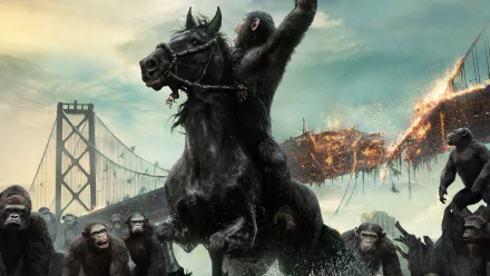 A dramatic scene from Dawn of the Planet of the Apes, featuring an ape on horseback leading a group of fellow apes amidst destruction, set against a war-torn landscape.