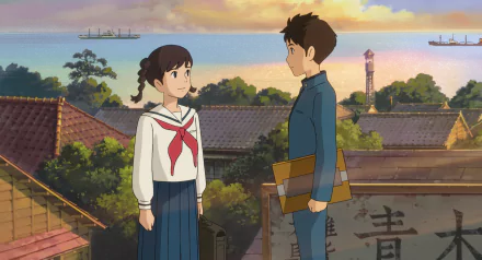 HD wallpaper featuring characters from From Up On Poppy Hill against a scenic town backdrop at sunset.