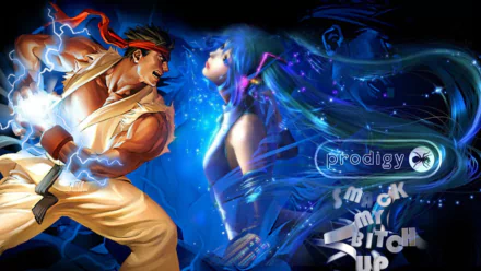 HD PC desktop wallpaper background — alternative music-themed digital art of two stylized fighters clashing amid neon blue swirls, glowing musical motifs and flowing hair.