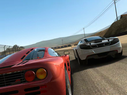 HD PC desktop wallpaper featuring a dynamic racing scene from the video game Real Racing 3, showcasing two high-performance sports cars on a sunlit track.