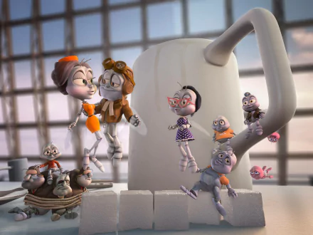 HD PC desktop wallpaper and background from the movie Fly Me to the Moon — playful animated crew in flight gear clustered around a giant white rocket-like mug inside a bright hangar.