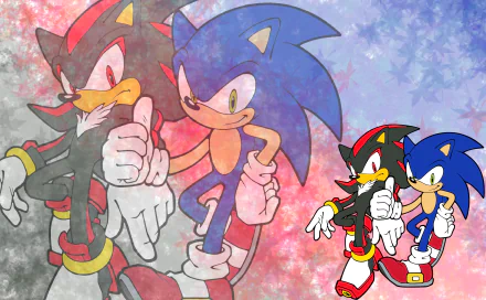 HD PC desktop wallpaper featuring Shadow the Hedgehog and Sonic the Hedgehog from the video game Sonic Adventure 2, set against a textured red and blue background.