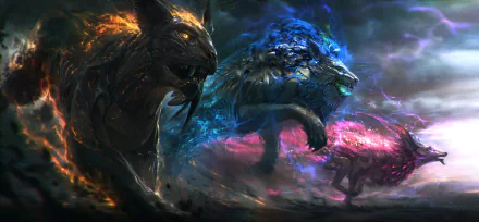 HD desktop wallpaper featuring a mythical scene with a fiery tiger, an icy wolf, and a radiant lion in a dramatic, fantasy-inspired setting.