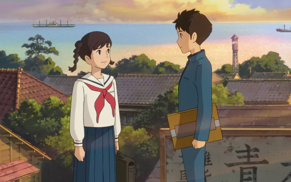 HD wallpaper featuring characters from From Up On Poppy Hill against a scenic town backdrop at sunset.