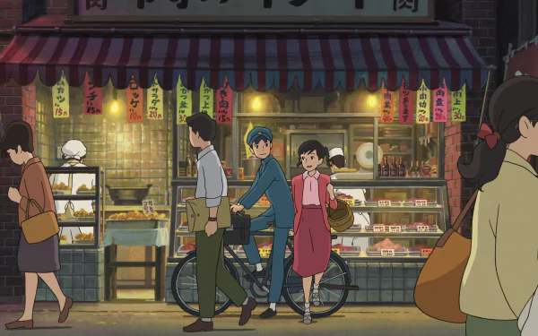 HD desktop wallpaper featuring characters from From Up On Poppy Hill walking by a cozy street food shop at night.