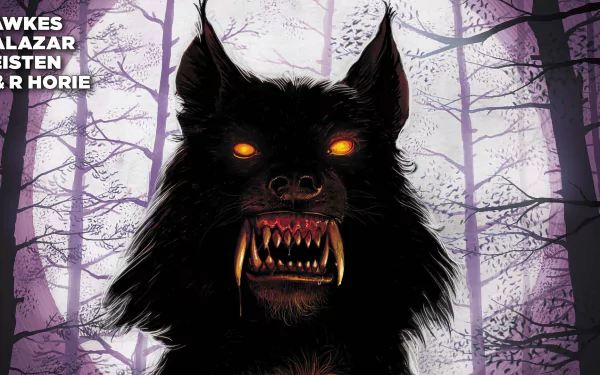 Constantine (DC Comics) comic HD PC desktop wallpaper: snarling demonic wolf with glowing orange eyes and long fangs in a purple, misty forest background.