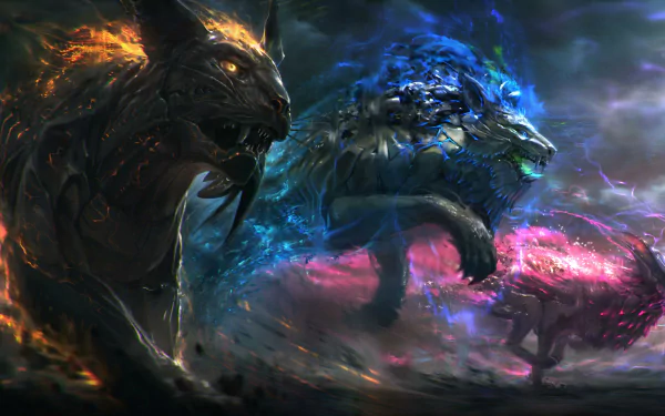 HD desktop wallpaper featuring a mythical scene with a fiery tiger, an icy wolf, and a radiant lion in a dramatic, fantasy-inspired setting.