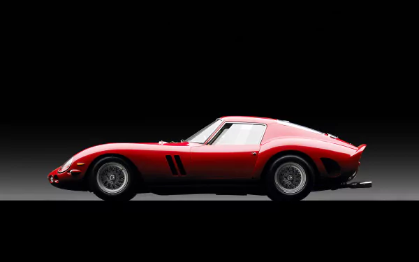 Red Ferrari 250 GTO side profile on a dark gradient — classic Ferrari vehicle presented as an HD PC desktop wallpaper background.