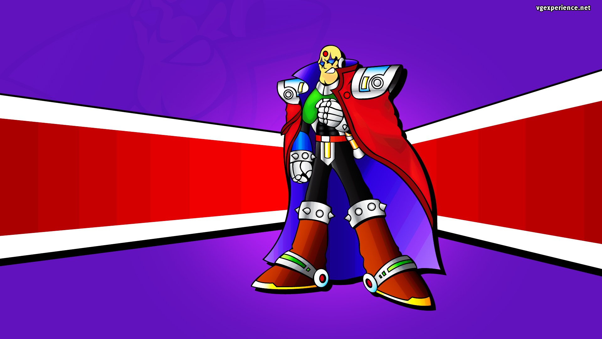 HD PC desktop wallpaper featuring a bold, futuristic character from the video game Mega Man X against a vibrant purple and red geometric background.