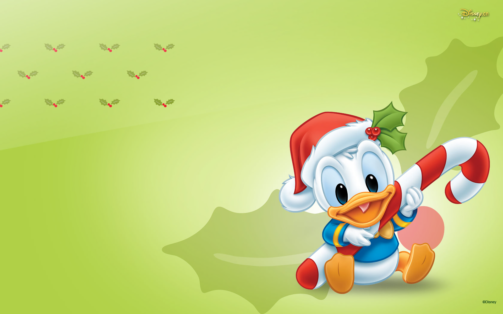 HD PC desktop wallpaper/background of Disney movie character Donald Duck in a Santa hat holding a candy cane on a green holly-themed backdrop.