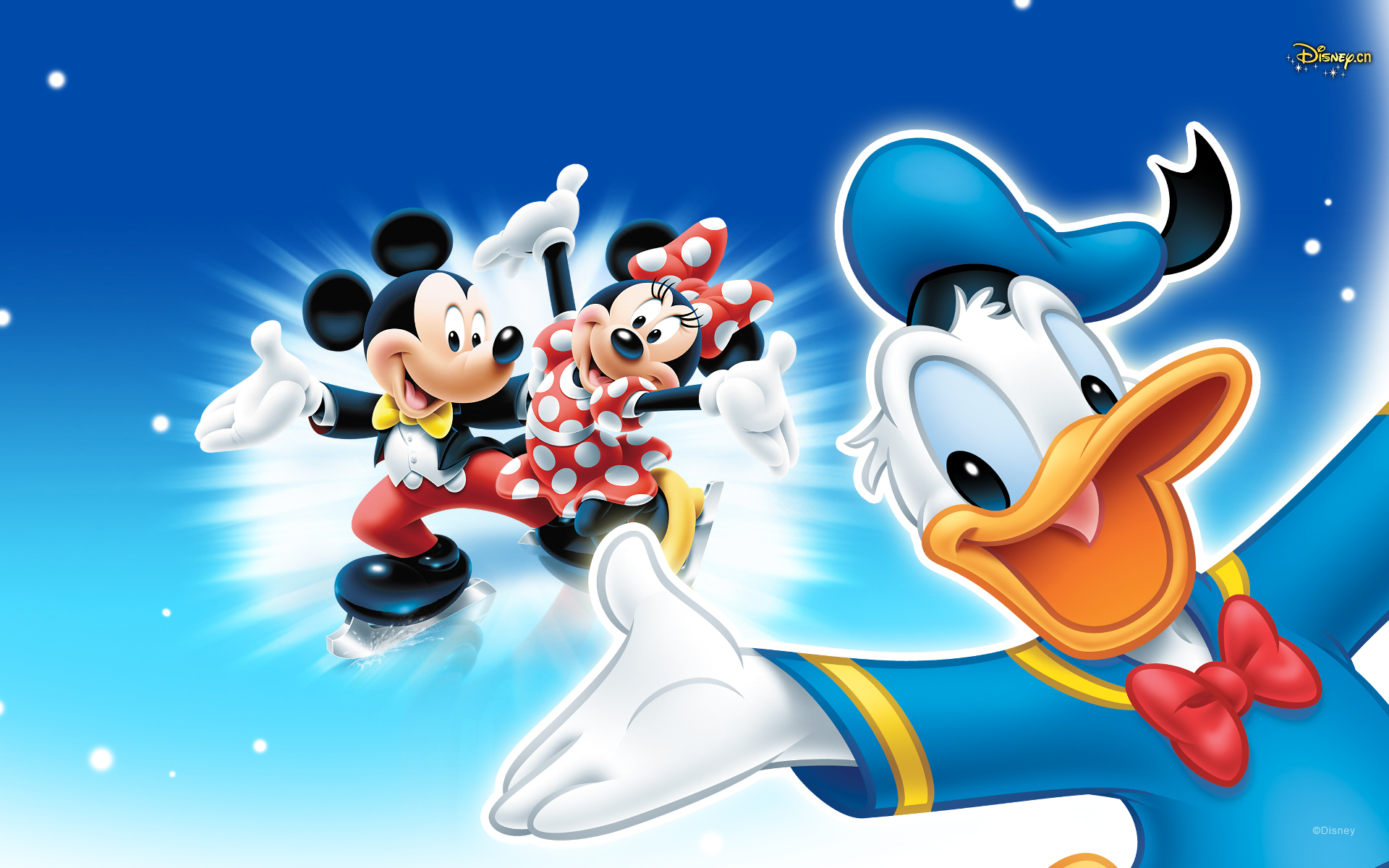 A vibrant Disney HD wallpaper featuring Donald Duck, Mickey Mouse, and Minnie Mouse against a bright blue background, showcasing their playful and iconic personalities.