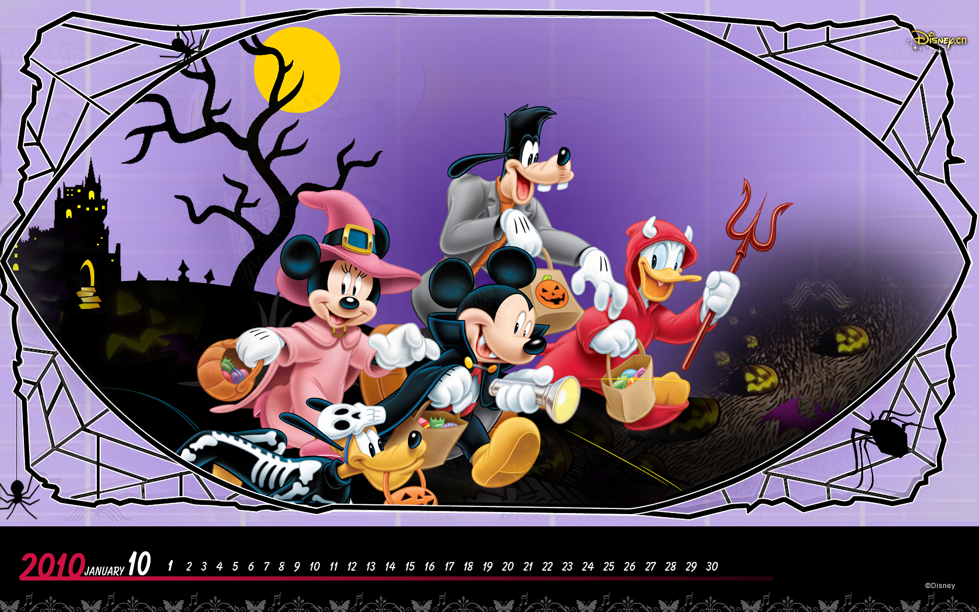 HD PC desktop wallpaper featuring Mickey Mouse, Minnie, Goofy, and Donald Duck dressed in Halloween costumes with a spooky castle and moonlit night background.