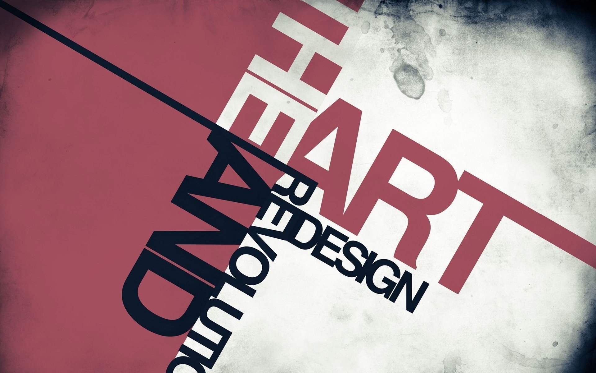 HD PC desktop wallpaper featuring abstract typography with the words HEART, AMID, REDESIGN, and REVOLUTION arranged diagonally against a textured red and white background.