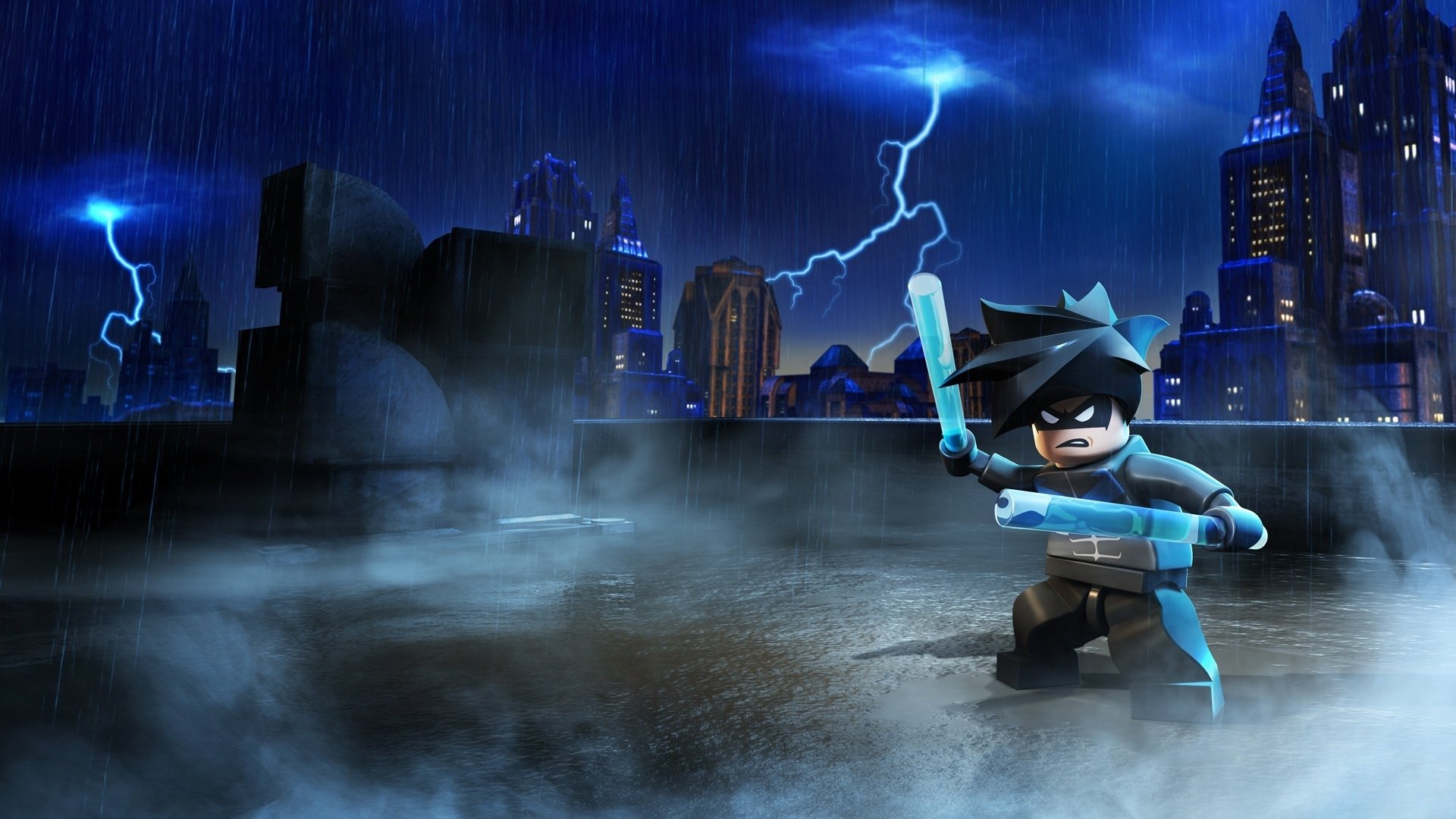 HD PC desktop wallpaper featuring LEGO Batman from the movie LEGO Batman: The Movie - DC Superheroes Unite, set against a rainy Gotham City with lightning striking.