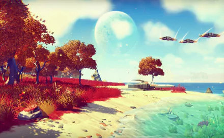 A vibrant landscape from No Man's Sky, showcasing a tranquil beach with colorful foliage and flying ships, serves as a stunning HD PC desktop wallpaper and background.
