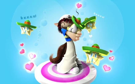 Artistic cartoon HD PC desktop wallpaper background: smiling anthropomorphic cat hugging a sombrero-wearing creature on a pink target, surrounded by floating sombrero jellyfish and pink hearts on blue.