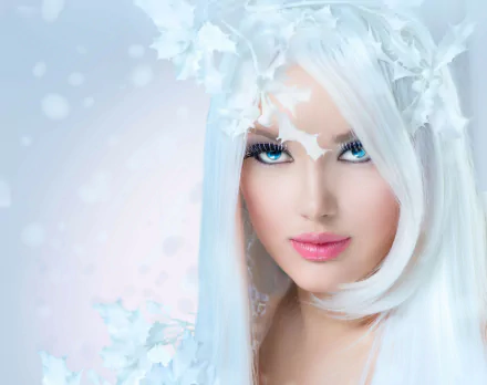 A woman with striking blue eyes and long white hair adorned with delicate snowflakes, set against a soft, ethereal backdrop—an enchanting HD desktop wallpaper.