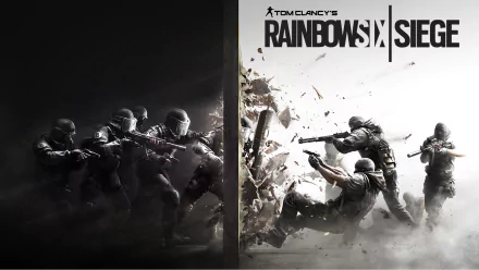 HD desktop wallpaper featuring intense SWAT action from the video game Tom Clancy's Rainbow Six: Siege, showing a dynamic scene with armed characters breaching through barriers.