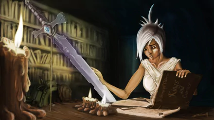 Riven from League of Legends studying an ancient book by candlelight, depicted in a detailed 4K Ultra HD video game wallpaper.