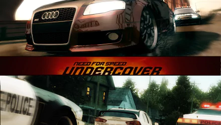 HD PC desktop wallpaper/background for the video game Need for Speed: Undercover — low-angle shot of a modified Audi racing through wet city streets pursued by police cars.