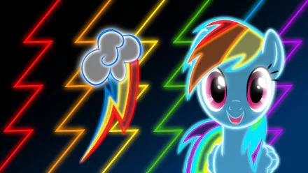 A vibrant HD wallpaper featuring Rainbow Dash from My Little Pony: Friendship Is Magic, set against a colorful lightning bolt background.