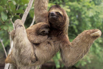 HD desktop wallpaper featuring a three-toed sloth holding its baby, set against a lush green forest background.