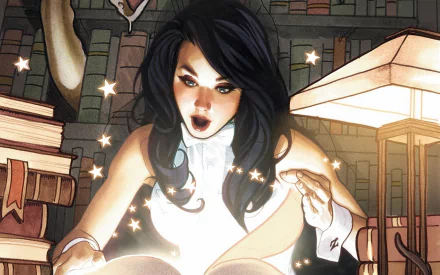 HD PC wallpaper featuring DC Comics' Zatanna with long black hair casting a magical spell over an open glowing book in a dimly lit, magical library setting.
