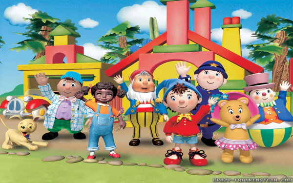 A vibrant HD wallpaper featuring characters from the TV show Noddy, including Noddy, Big Ears, and friends, celebrating together in a colorful, cheerful setting.