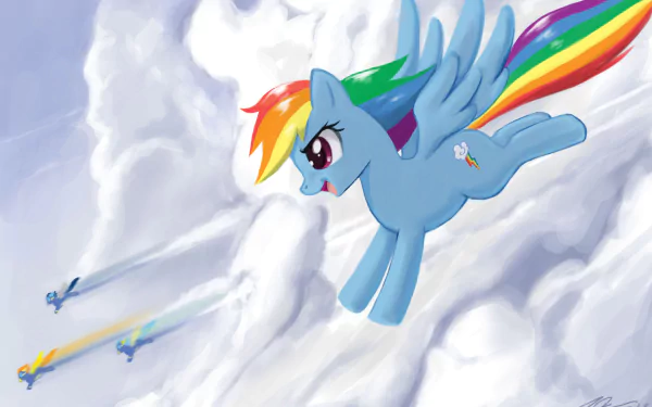 Rainbow Dash soars through the clouds alongside Spitfire and Soarin from *My Little Pony: Friendship Is Magic*, showcased in this vibrant HD desktop wallpaper.