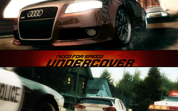 HD PC desktop wallpaper/background for the video game Need for Speed: Undercover — low-angle shot of a modified Audi racing through wet city streets pursued by police cars.