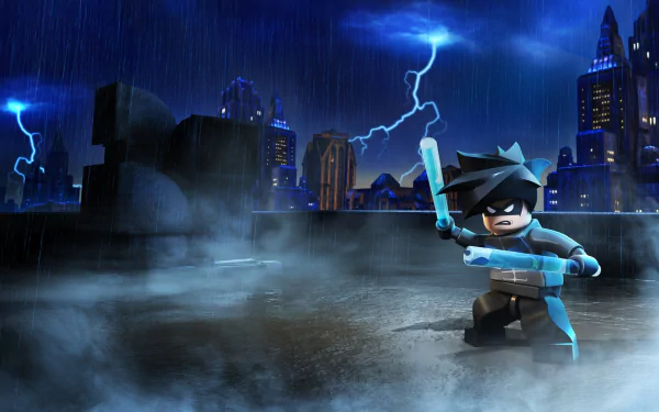 HD PC desktop wallpaper featuring LEGO Batman from the movie LEGO Batman: The Movie - DC Superheroes Unite, set against a rainy Gotham City with lightning striking.