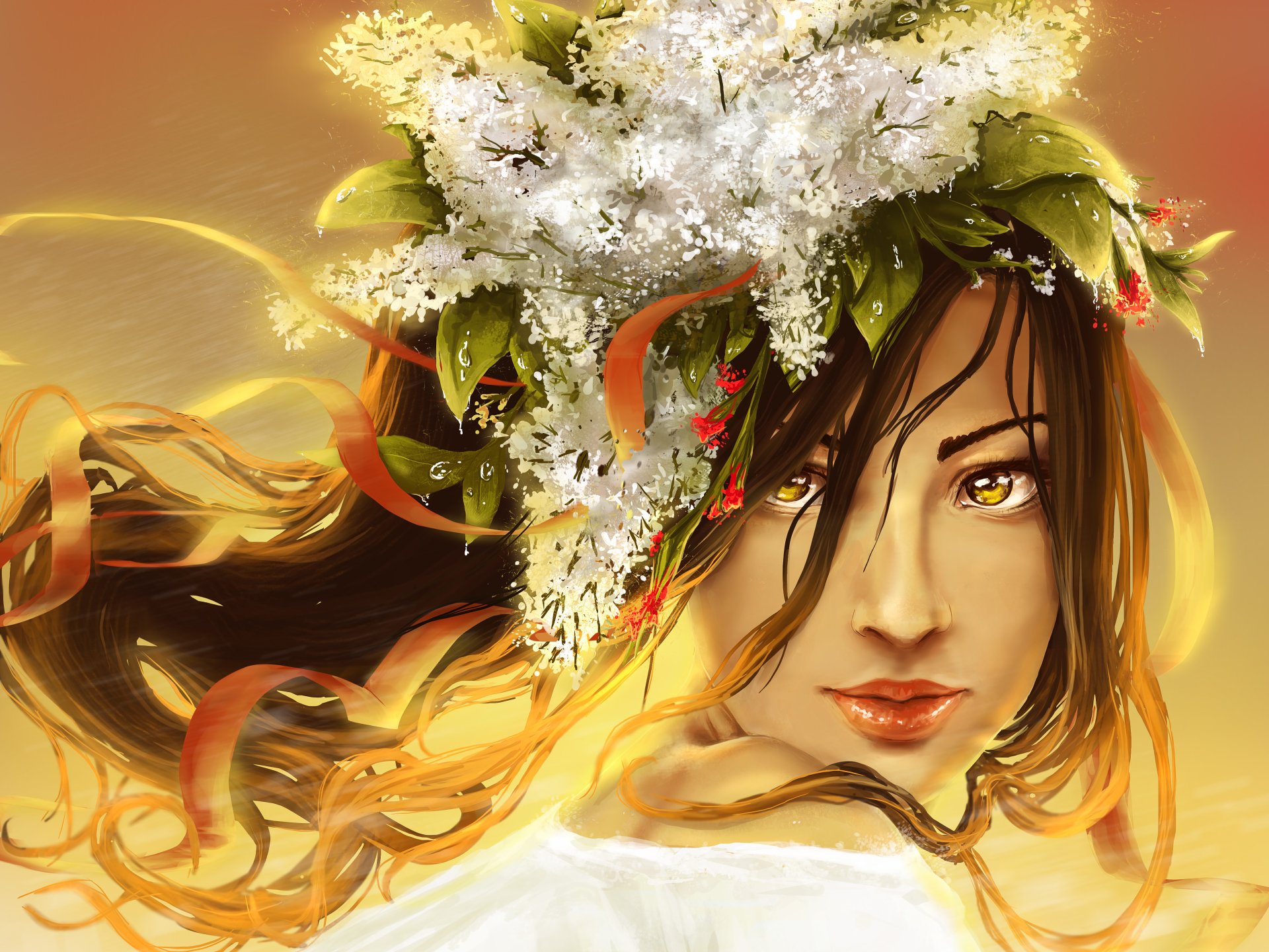 A captivating fantasy-themed HD wallpaper featuring a woman with flowing hair adorned with flowers and leaves, set against a warm, ethereal background.