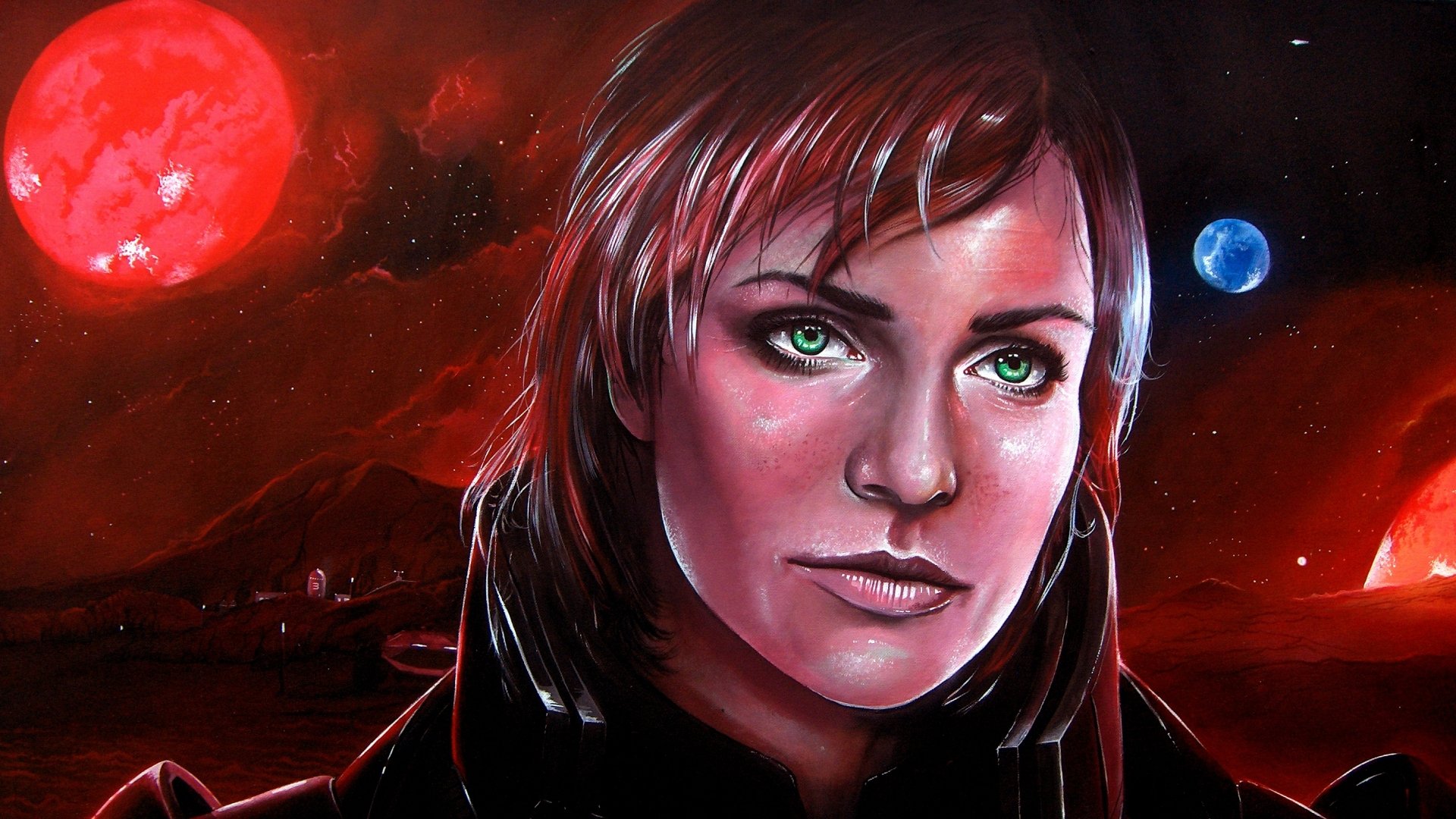 HD PC desktop wallpaper featuring Commander Shepard from the Mass Effect video game, set against a striking red space backdrop with planets and stars.