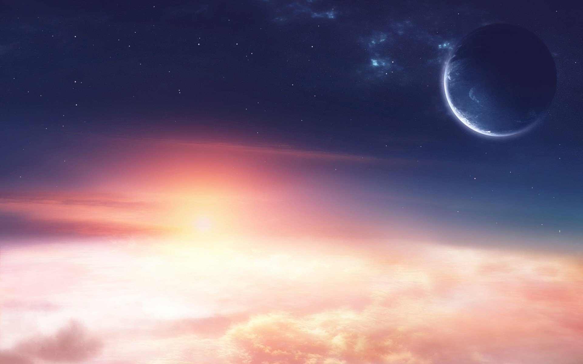 Sci-fi planet scene: glowing sunrise above cloud tops, crescent world and stars on the horizon — HD PC desktop wallpaper and background.