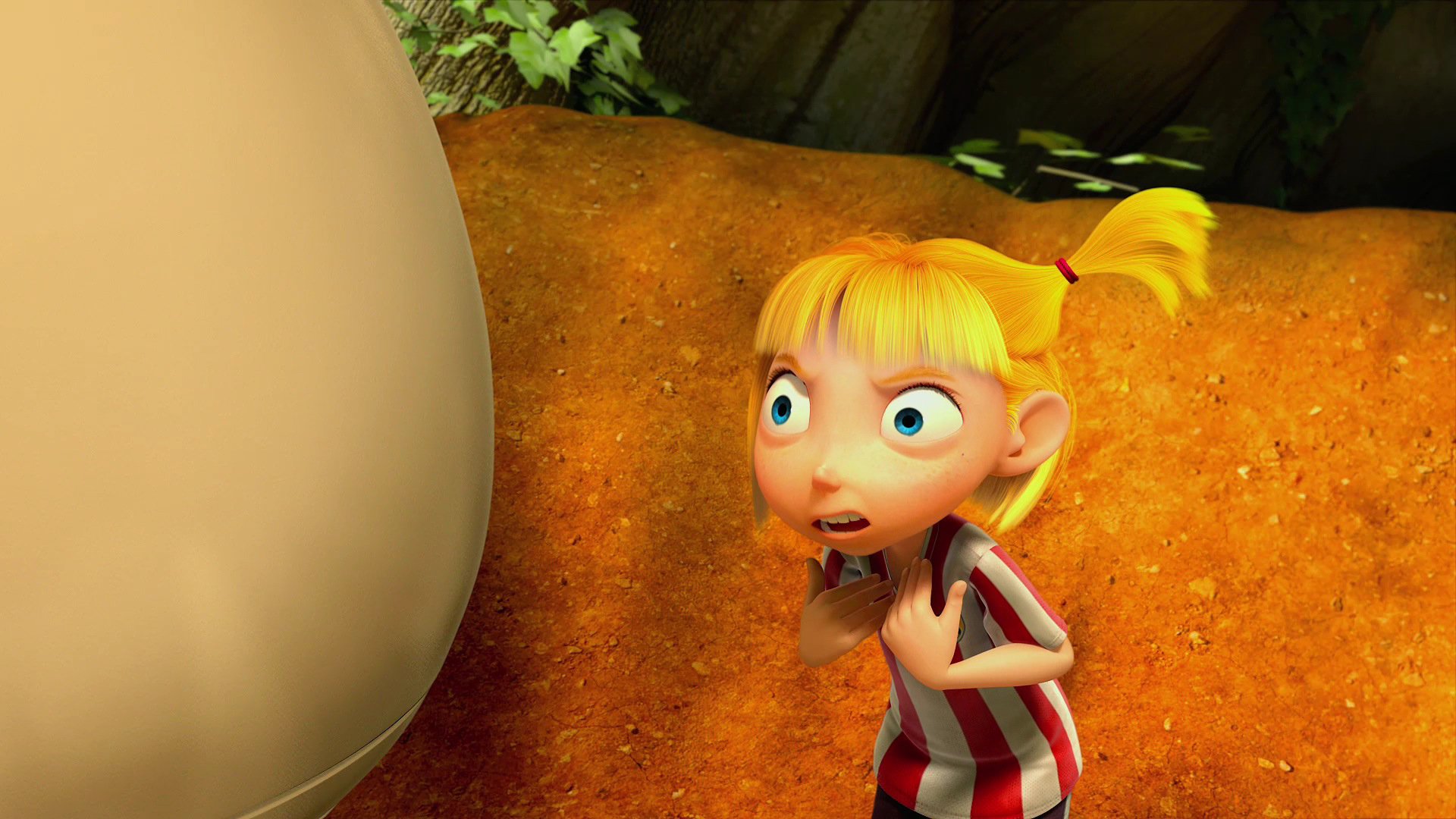 HD PC desktop wallpaper from the movie Dino Time — wide-eyed blonde girl in pigtails, striped dress, staring up in shock at a giant dinosaur egg on an orange forest floor.