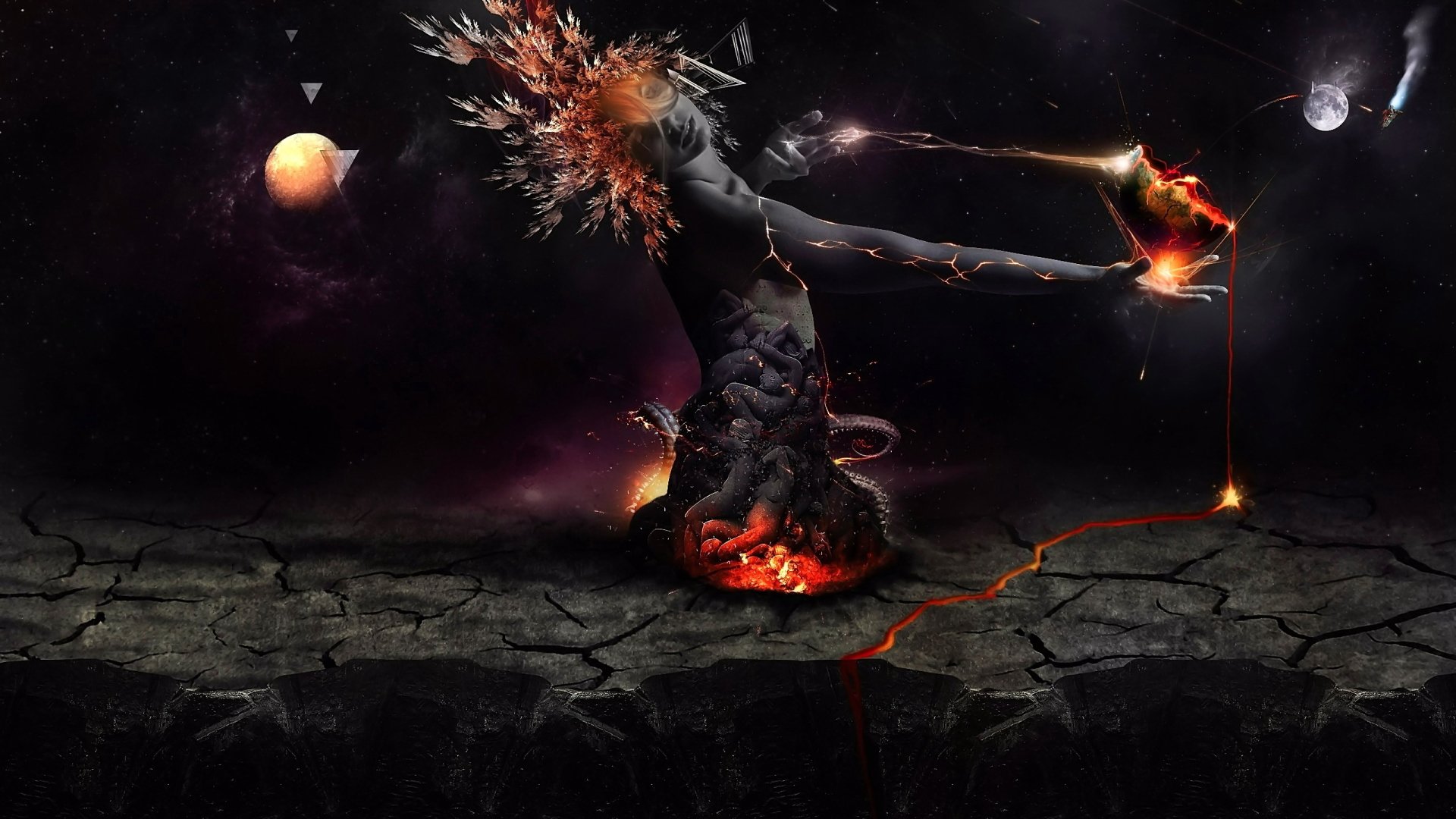 A fiery goddess rises from a volcanic eruption, her molten arms extending as lava flows, set against a dark fantasy background in HD quality for a PC desktop wallpaper.