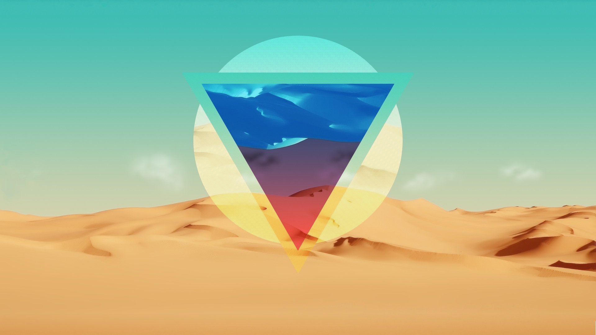 HD wallpaper of a desert polyscape with a geometric shape revealing different landscapes within, set against a clear sky.