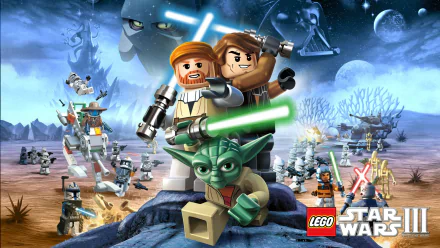 HD PC desktop wallpaper featuring LEGO Obi-Wan Kenobi, Anakin Skywalker, and Yoda from the video game LEGO Star Wars III: The Clone Wars.